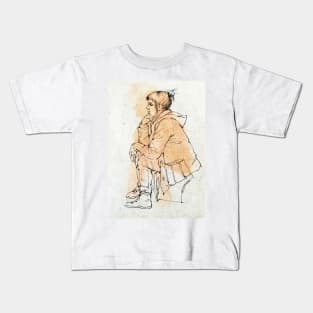 Girl in a duffel coat ~ink drawing Kids T-Shirt